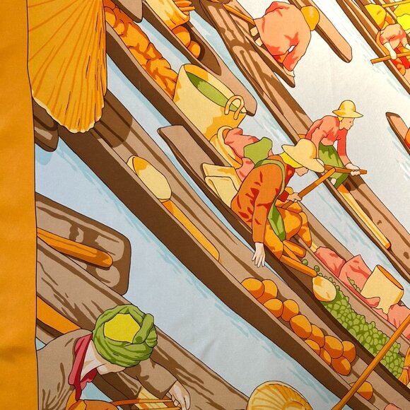 Hermes Silk "Marche Flottant Du Lac Inle II" Scarf Tangerine Color w Blue - Picture 11 of 16
